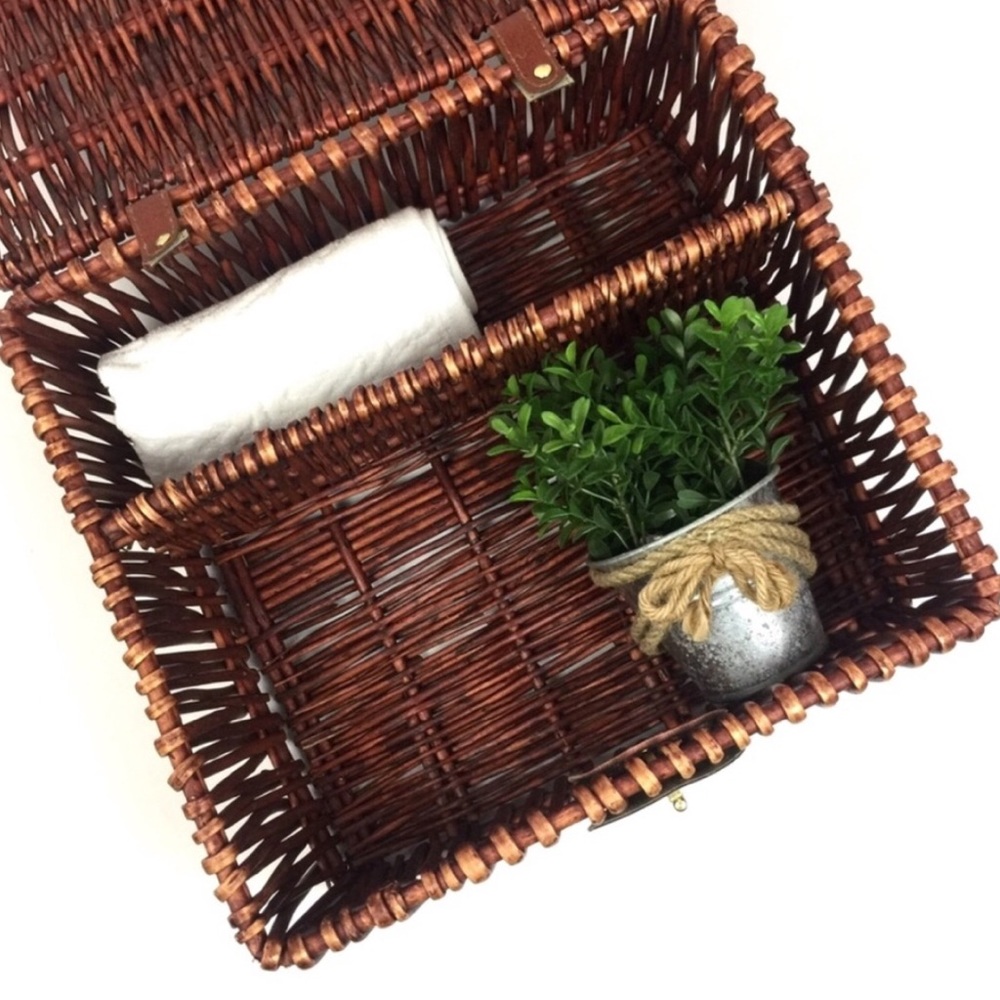 Brown Square Wicker Storage Basket w/ Lid Closure